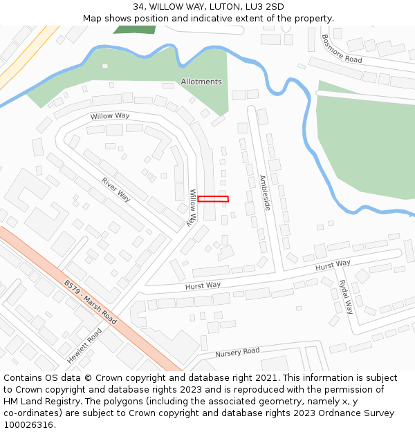 34, WILLOW WAY, LUTON, LU3 2SD: Location map and indicative extent of plot