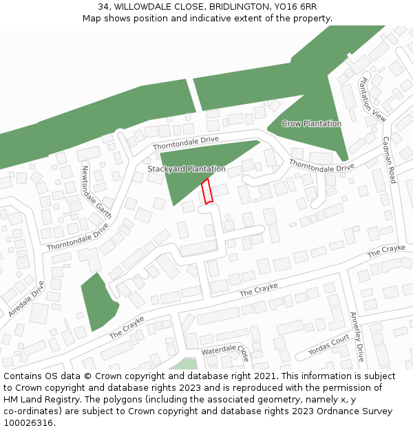 34, WILLOWDALE CLOSE, BRIDLINGTON, YO16 6RR: Location map and indicative extent of plot