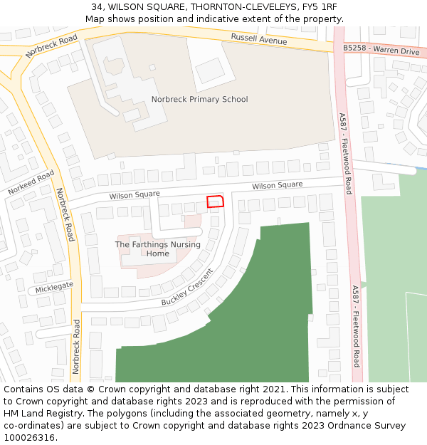 34, WILSON SQUARE, THORNTON-CLEVELEYS, FY5 1RF: Location map and indicative extent of plot