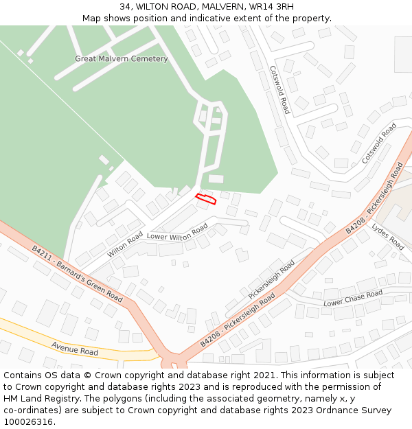 34, WILTON ROAD, MALVERN, WR14 3RH: Location map and indicative extent of plot