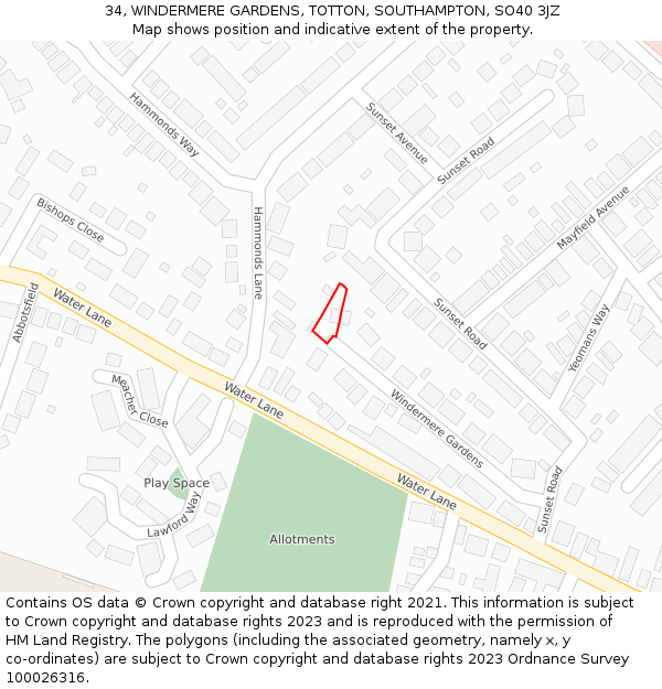 34, WINDERMERE GARDENS, TOTTON, SOUTHAMPTON, SO40 3JZ: Location map and indicative extent of plot