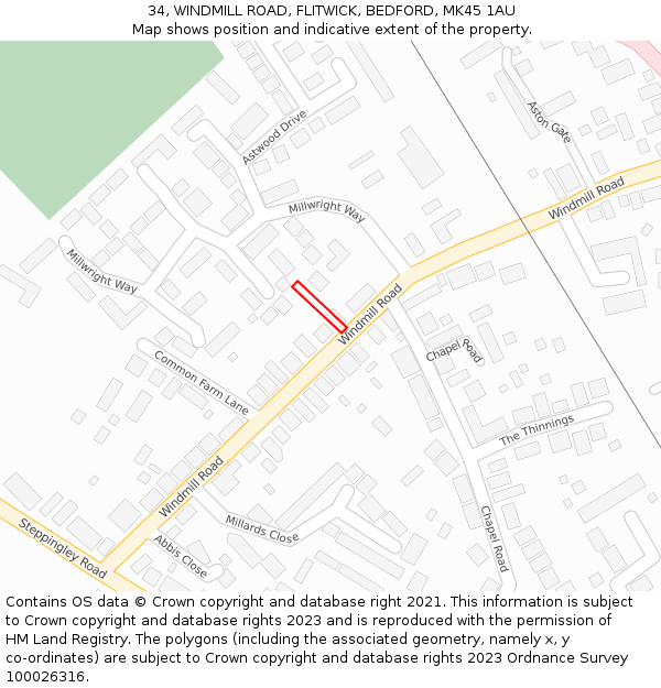 34, WINDMILL ROAD, FLITWICK, BEDFORD, MK45 1AU: Location map and indicative extent of plot