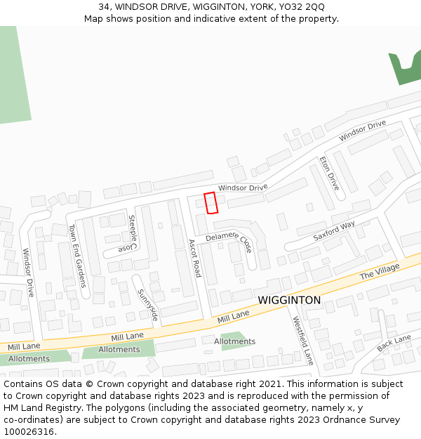 34, WINDSOR DRIVE, WIGGINTON, YORK, YO32 2QQ: Location map and indicative extent of plot