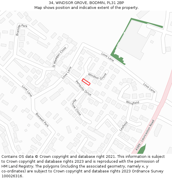 34, WINDSOR GROVE, BODMIN, PL31 2BP: Location map and indicative extent of plot