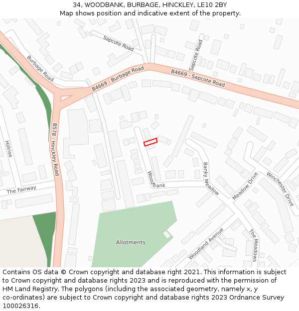 34, WOODBANK, BURBAGE, HINCKLEY, LE10 2BY: Location map and indicative extent of plot