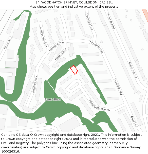 34, WOODHATCH SPINNEY, COULSDON, CR5 2SU: Location map and indicative extent of plot