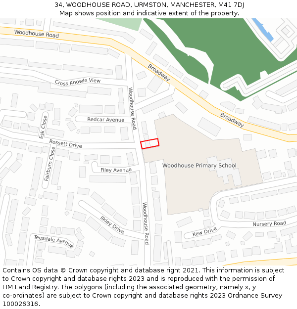 34, WOODHOUSE ROAD, URMSTON, MANCHESTER, M41 7DJ: Location map and indicative extent of plot