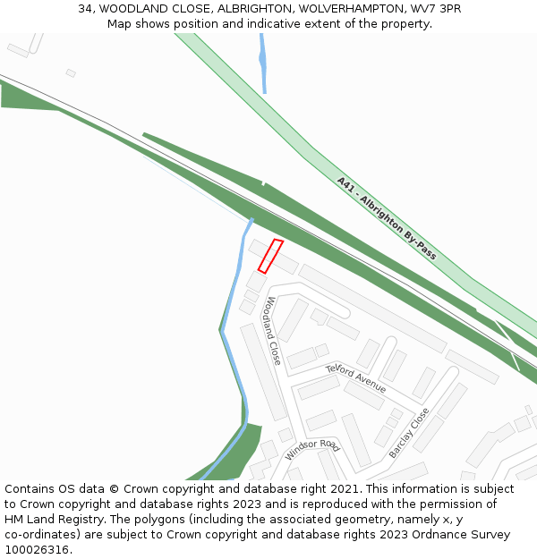 34, WOODLAND CLOSE, ALBRIGHTON, WOLVERHAMPTON, WV7 3PR: Location map and indicative extent of plot