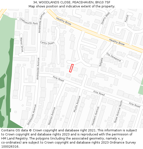 34, WOODLANDS CLOSE, PEACEHAVEN, BN10 7SF: Location map and indicative extent of plot