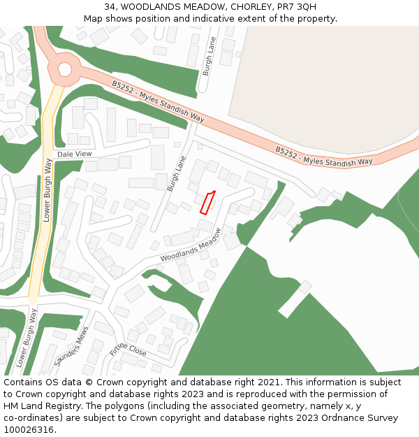 34, WOODLANDS MEADOW, CHORLEY, PR7 3QH: Location map and indicative extent of plot