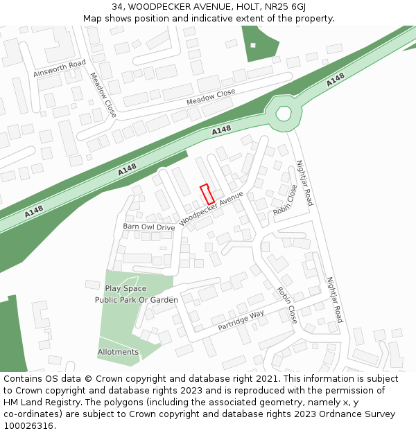 34, WOODPECKER AVENUE, HOLT, NR25 6GJ: Location map and indicative extent of plot