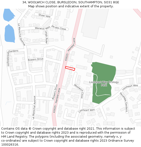34, WOOLWICH CLOSE, BURSLEDON, SOUTHAMPTON, SO31 8GE: Location map and indicative extent of plot