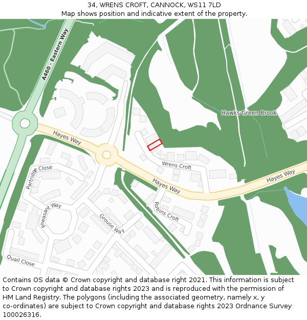 34, WRENS CROFT, CANNOCK, WS11 7LD: Location map and indicative extent of plot