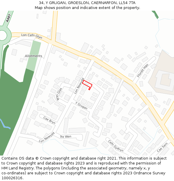 34, Y GRUGAN, GROESLON, CAERNARFON, LL54 7TA: Location map and indicative extent of plot