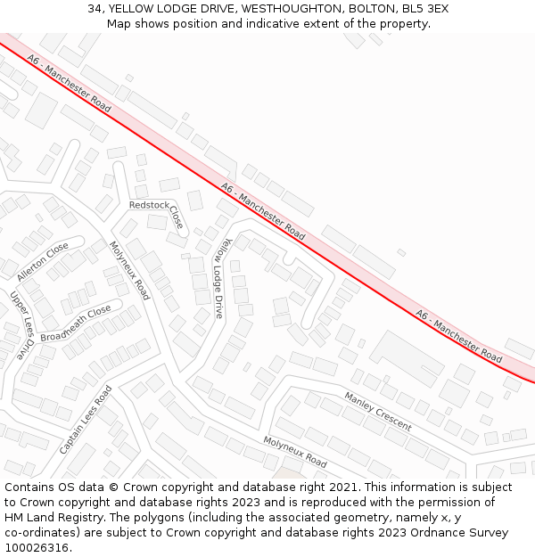 34, YELLOW LODGE DRIVE, WESTHOUGHTON, BOLTON, BL5 3EX: Location map and indicative extent of plot