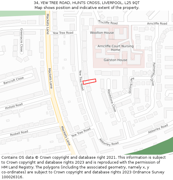 34, YEW TREE ROAD, HUNTS CROSS, LIVERPOOL, L25 9QT: Location map and indicative extent of plot