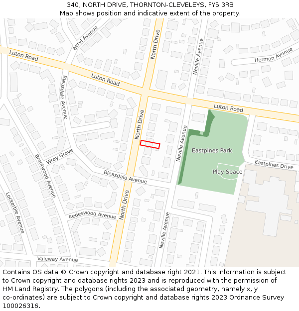 340, NORTH DRIVE, THORNTON-CLEVELEYS, FY5 3RB: Location map and indicative extent of plot