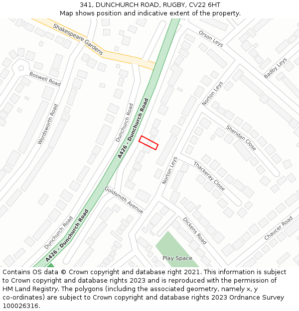 341, DUNCHURCH ROAD, RUGBY, CV22 6HT: Location map and indicative extent of plot