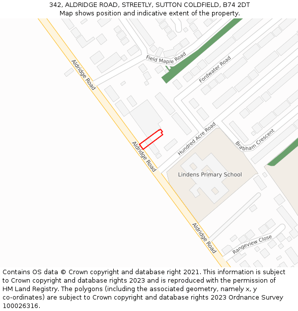 342, ALDRIDGE ROAD, STREETLY, SUTTON COLDFIELD, B74 2DT: Location map and indicative extent of plot
