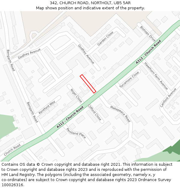 342, CHURCH ROAD, NORTHOLT, UB5 5AR: Location map and indicative extent of plot