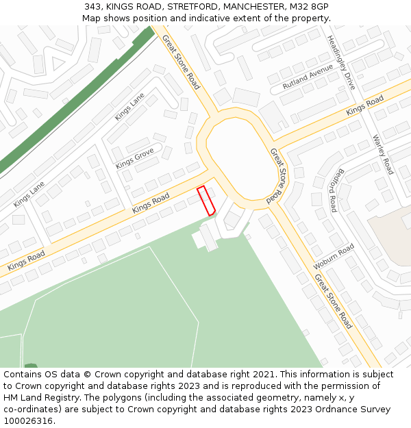 343, KINGS ROAD, STRETFORD, MANCHESTER, M32 8GP: Location map and indicative extent of plot