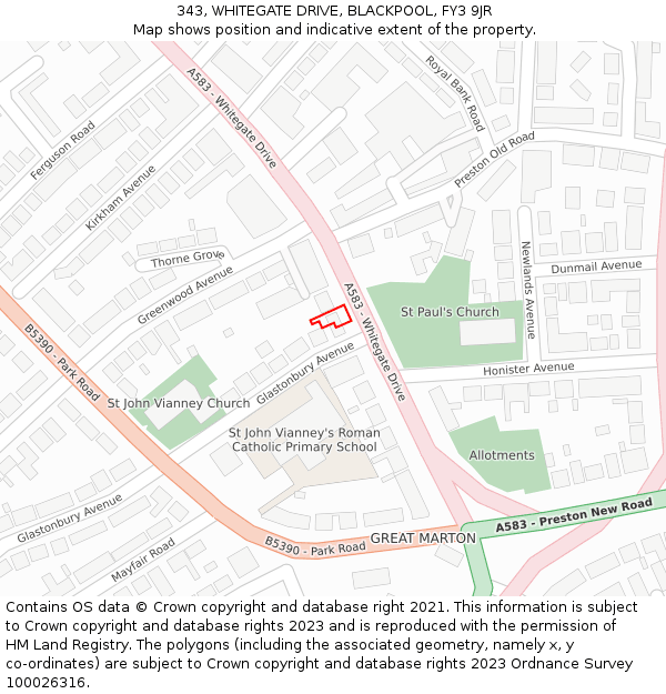 343, WHITEGATE DRIVE, BLACKPOOL, FY3 9JR: Location map and indicative extent of plot