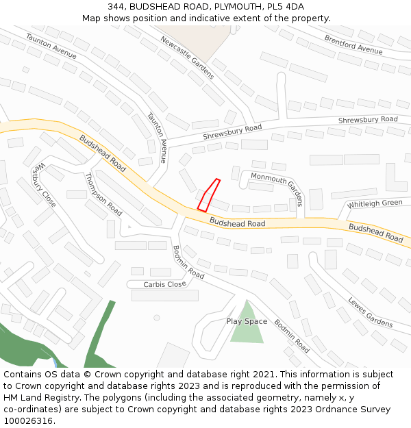 344, BUDSHEAD ROAD, PLYMOUTH, PL5 4DA: Location map and indicative extent of plot