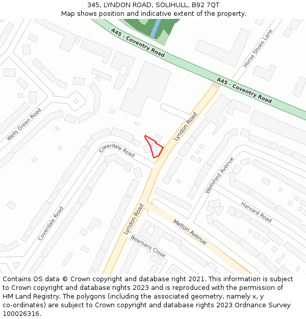 345, LYNDON ROAD, SOLIHULL, B92 7QT: Location map and indicative extent of plot