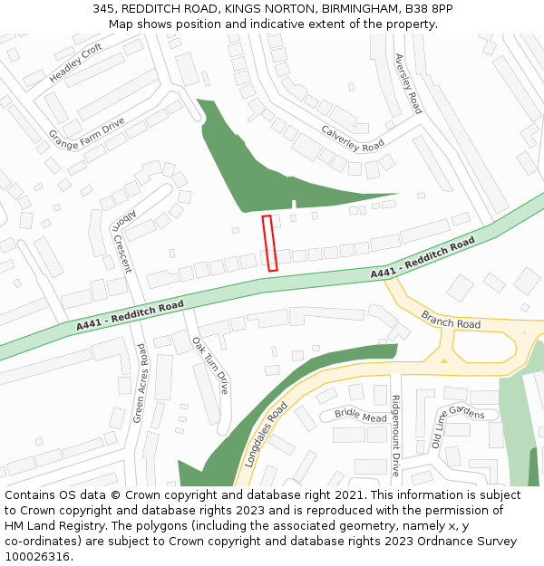 345, REDDITCH ROAD, KINGS NORTON, BIRMINGHAM, B38 8PP: Location map and indicative extent of plot