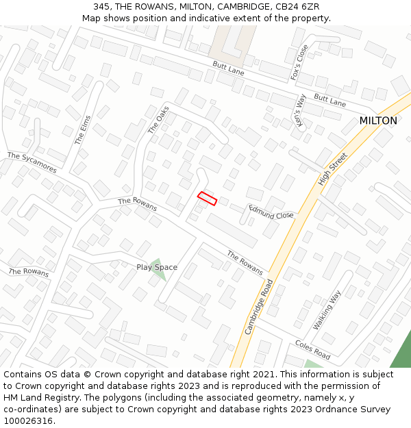 345, THE ROWANS, MILTON, CAMBRIDGE, CB24 6ZR: Location map and indicative extent of plot