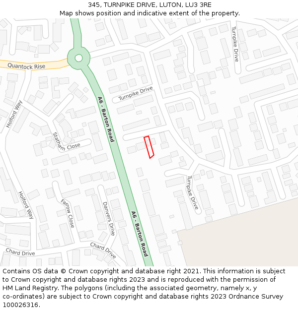 345, TURNPIKE DRIVE, LUTON, LU3 3RE: Location map and indicative extent of plot