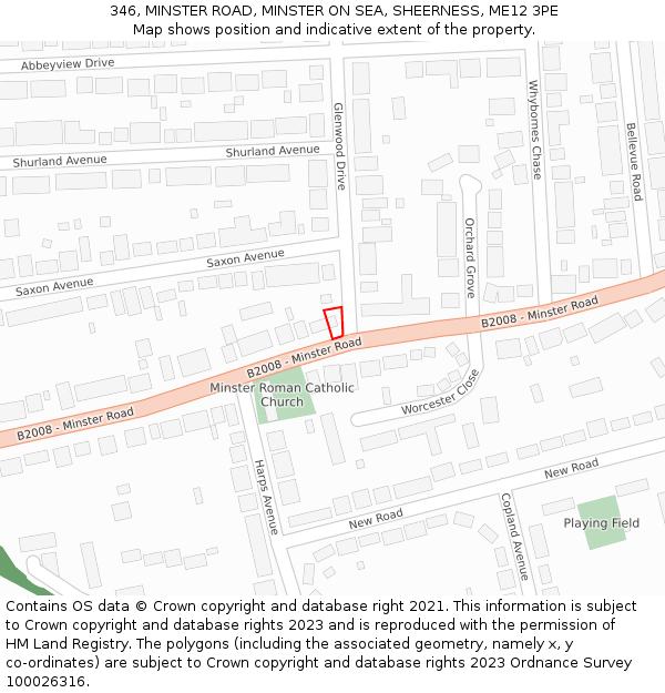346, MINSTER ROAD, MINSTER ON SEA, SHEERNESS, ME12 3PE: Location map and indicative extent of plot