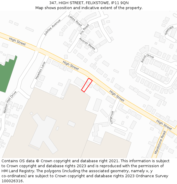 347, HIGH STREET, FELIXSTOWE, IP11 9QN: Location map and indicative extent of plot