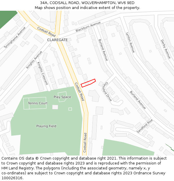 34A, CODSALL ROAD, WOLVERHAMPTON, WV6 9ED: Location map and indicative extent of plot