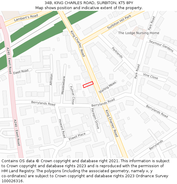 34B, KING CHARLES ROAD, SURBITON, KT5 8PY: Location map and indicative extent of plot