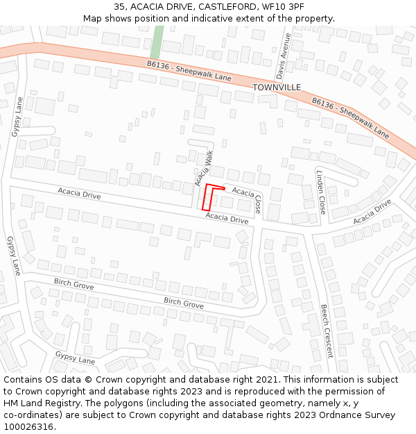 35, ACACIA DRIVE, CASTLEFORD, WF10 3PF: Location map and indicative extent of plot