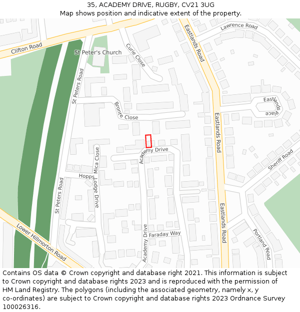 35, ACADEMY DRIVE, RUGBY, CV21 3UG: Location map and indicative extent of plot