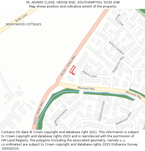 35, ADAMS CLOSE, HEDGE END, SOUTHAMPTON, SO30 2NB: Location map and indicative extent of plot