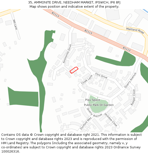 35, AMMONITE DRIVE, NEEDHAM MARKET, IPSWICH, IP6 8FJ: Location map and indicative extent of plot