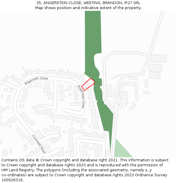 35, ANGERSTEIN CLOSE, WEETING, BRANDON, IP27 0RL: Location map and indicative extent of plot