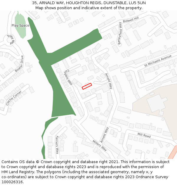 35, ARNALD WAY, HOUGHTON REGIS, DUNSTABLE, LU5 5UN: Location map and indicative extent of plot