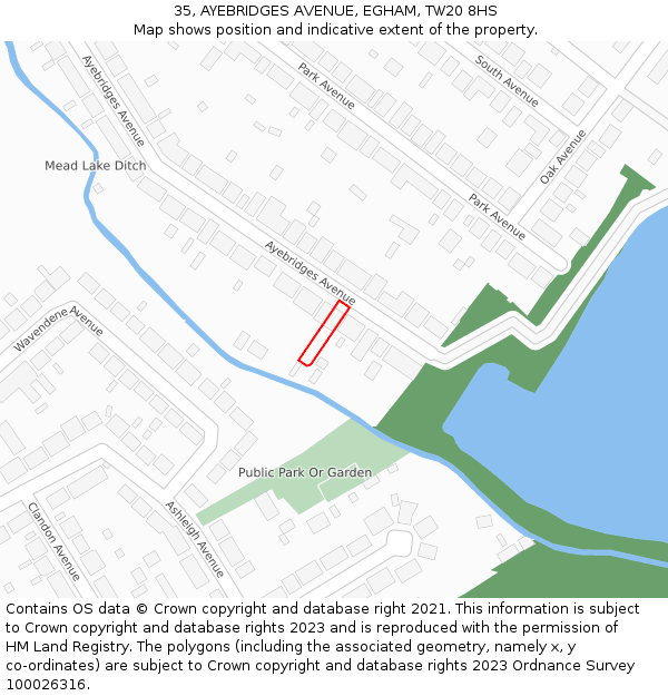 35, AYEBRIDGES AVENUE, EGHAM, TW20 8HS: Location map and indicative extent of plot