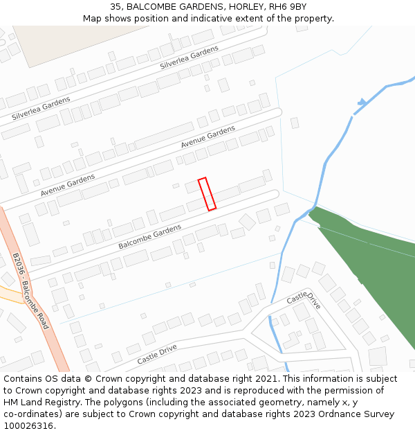 35, BALCOMBE GARDENS, HORLEY, RH6 9BY: Location map and indicative extent of plot