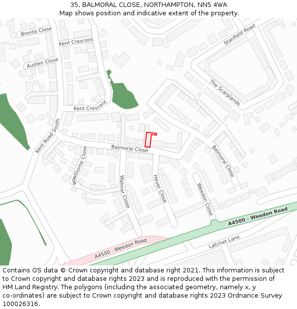 35, BALMORAL CLOSE, NORTHAMPTON, NN5 4WA: Location map and indicative extent of plot