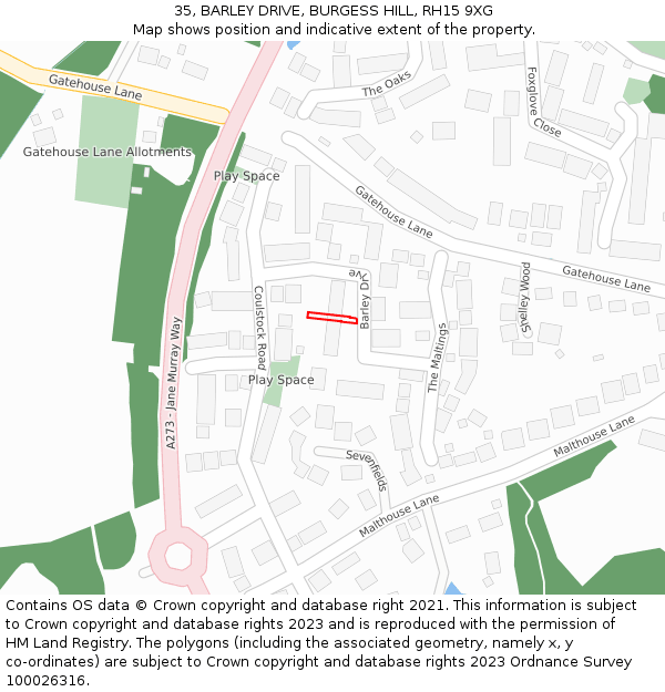 35, BARLEY DRIVE, BURGESS HILL, RH15 9XG: Location map and indicative extent of plot