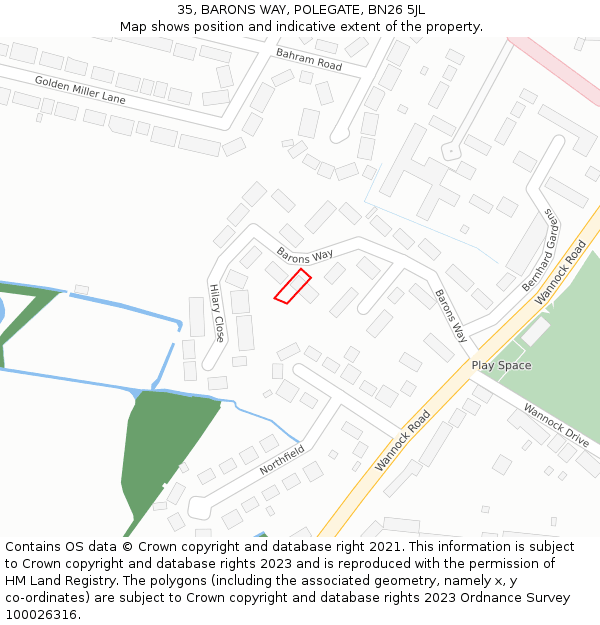 35, BARONS WAY, POLEGATE, BN26 5JL: Location map and indicative extent of plot