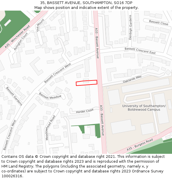 35, BASSETT AVENUE, SOUTHAMPTON, SO16 7DP: Location map and indicative extent of plot