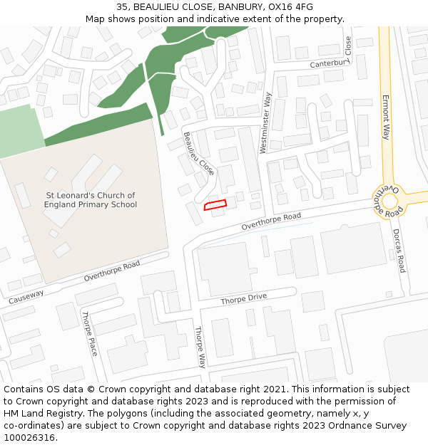 35, BEAULIEU CLOSE, BANBURY, OX16 4FG: Location map and indicative extent of plot