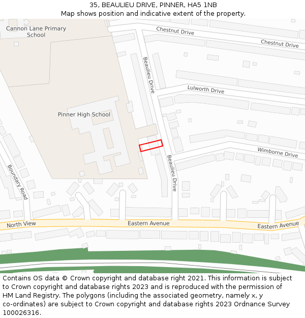 35, BEAULIEU DRIVE, PINNER, HA5 1NB: Location map and indicative extent of plot