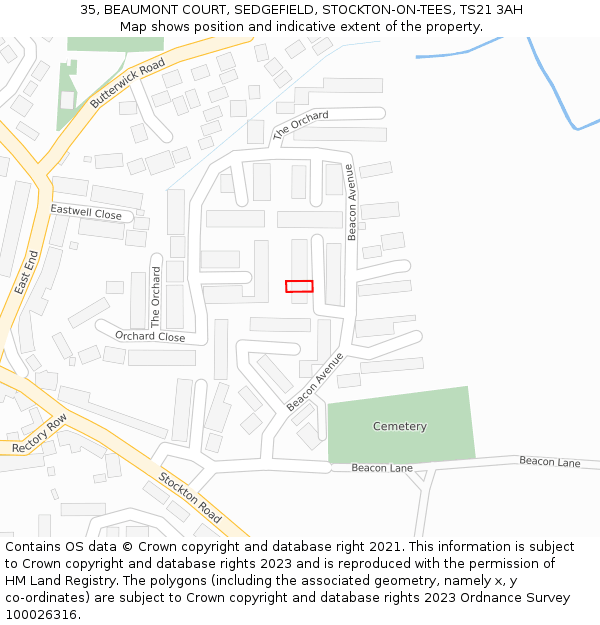 35, BEAUMONT COURT, SEDGEFIELD, STOCKTON-ON-TEES, TS21 3AH: Location map and indicative extent of plot